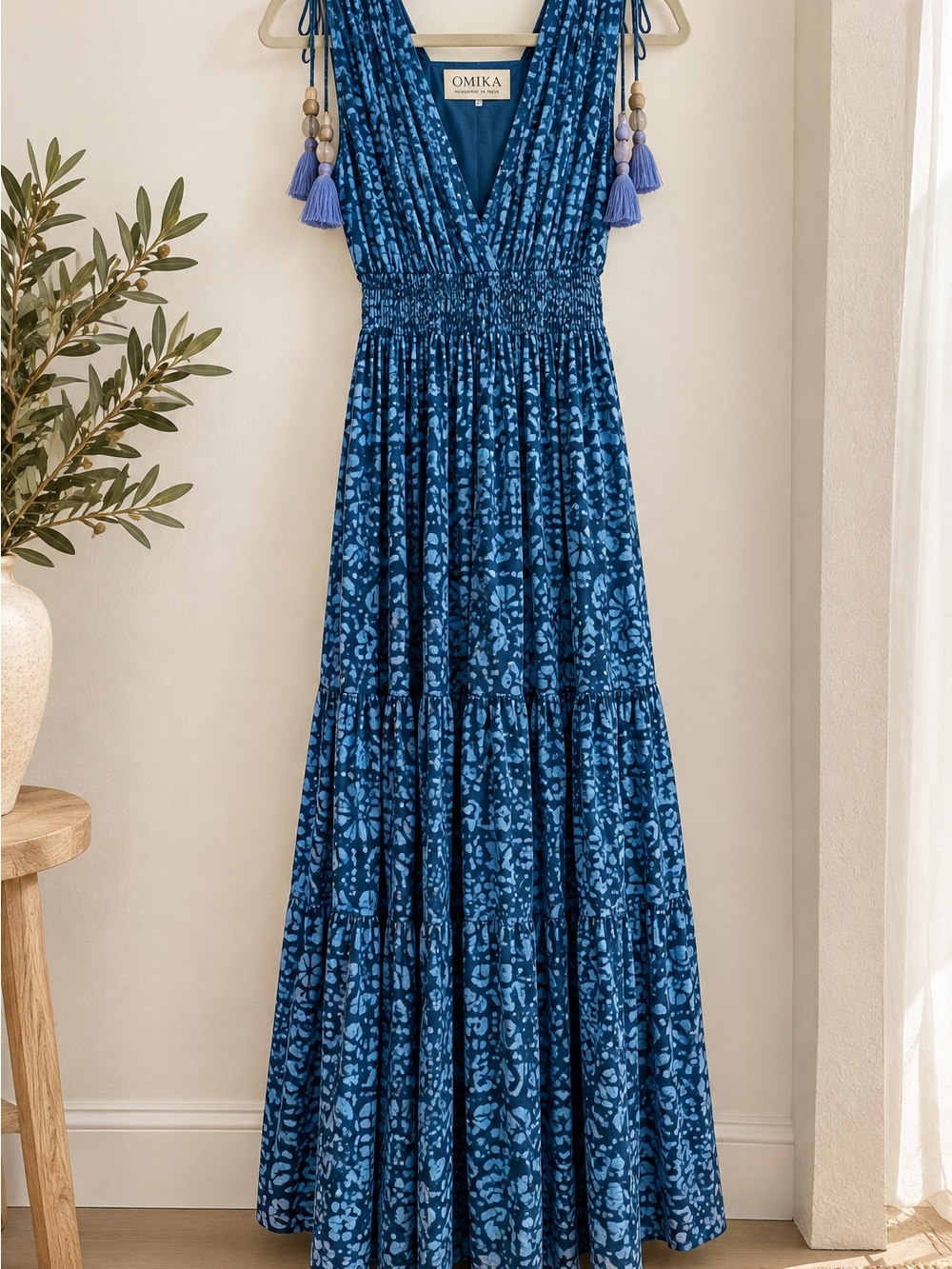 Omika Navy Blue Print V-Neck Smocked Waist Maxi Dress